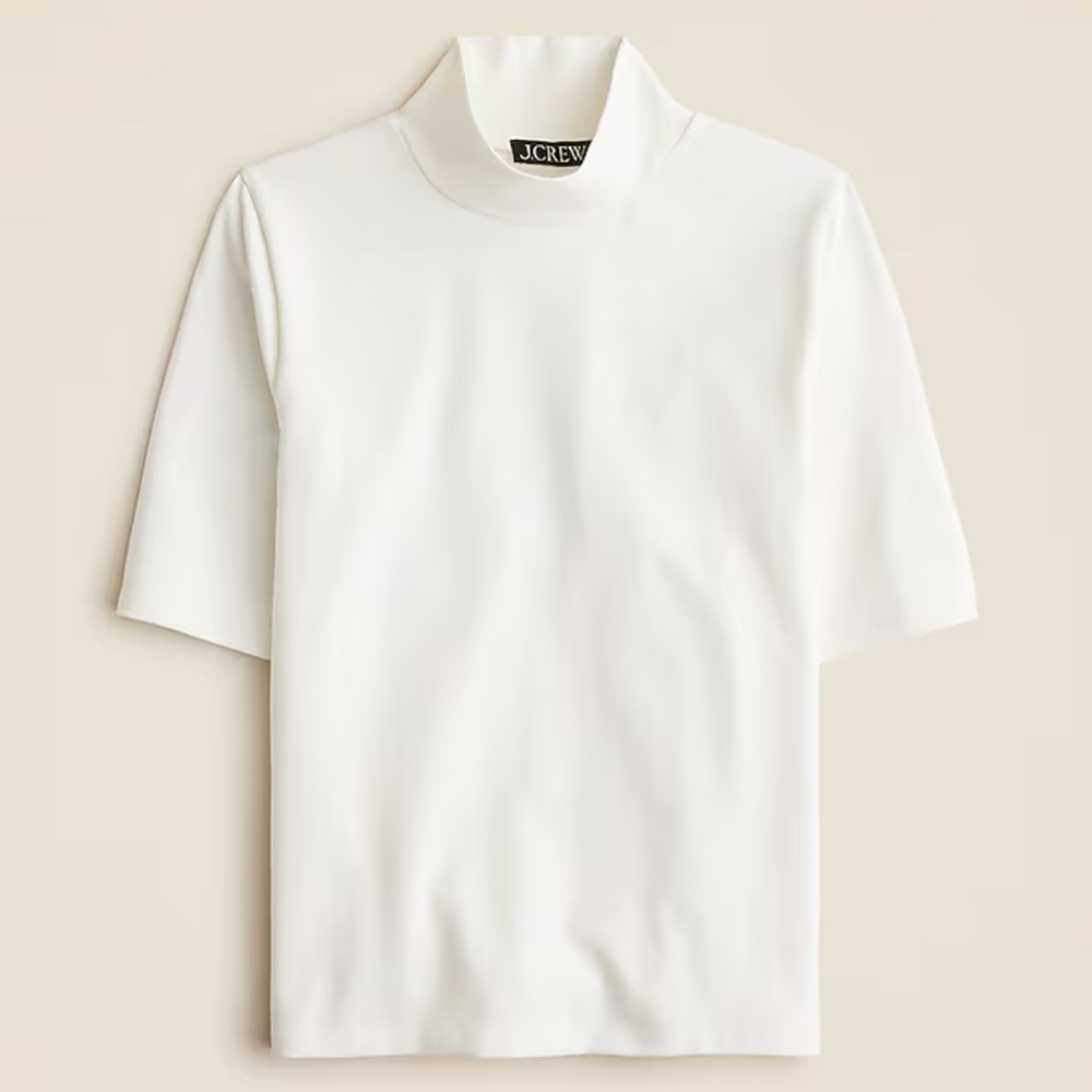 Stretch cotton-blend elbow-sleeve mockneck T-shirt in white